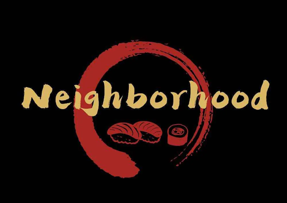 Restaurant logo featuring "Neighborhood" and sushi graphics at Sora Sushi in Prineville